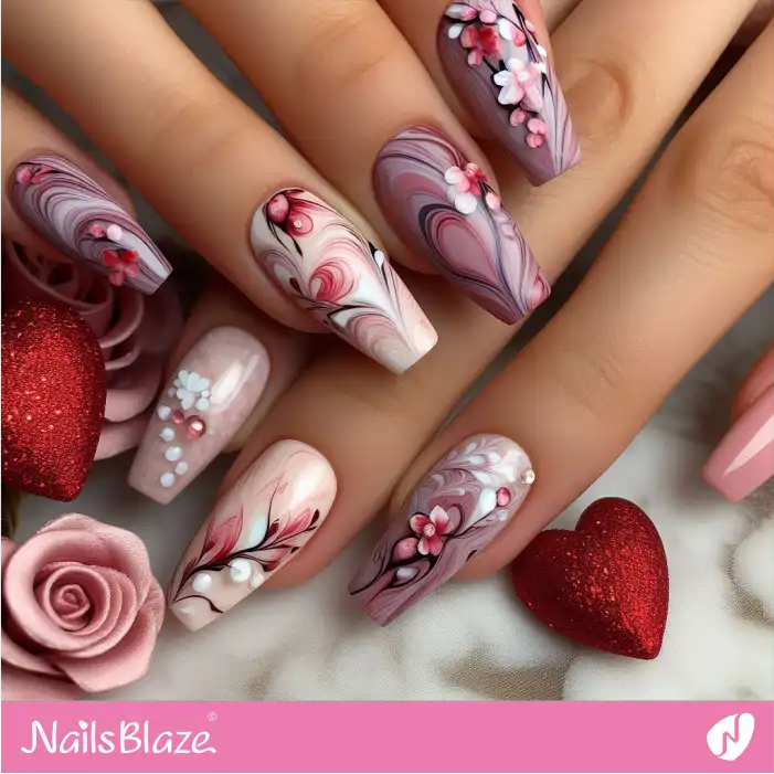 Purple and Pink Marble Nails with Flowers | Valentine Nails - NB2398